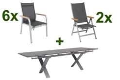 KETTLER Granada Esstischgarnitur, Silber / Anthrazit, Alu / HPL / Teak, Tisch 180/280x100cm, 6 Stapelsessel, 2 Multipo