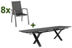KETTLER Altura Esstischgarnitur, Anthrazit, Alu / Spraystone / Textil, Tisch 180/280x100cm, 8 Stapelsessel