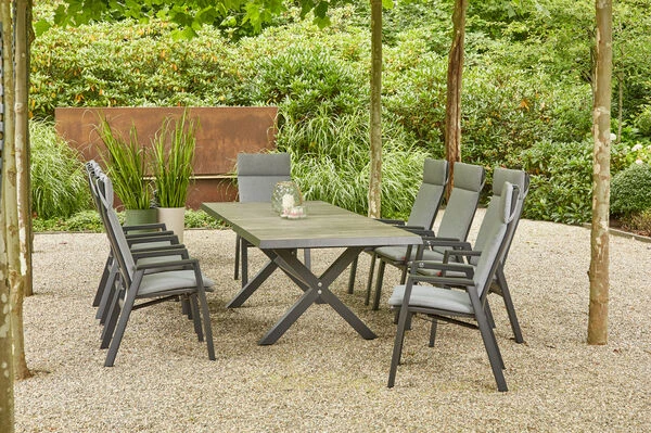 SIENA GARDEN Sincro/Valencia Dining Set, Anthrazit/grau, Alu/Textilgewebe/Keramik, 200-260x103cm, Inkl. 8 Diningsessel, Stufenlos Verstellbar 1 SIENA GARDEN Sincro/Valencia Dining Set, Anthrazit/grau, Alu/Textilgewebe/Keramik, 200-260x103cm, Inkl. 8 Diningsessel, Stufenlos Verstellbar