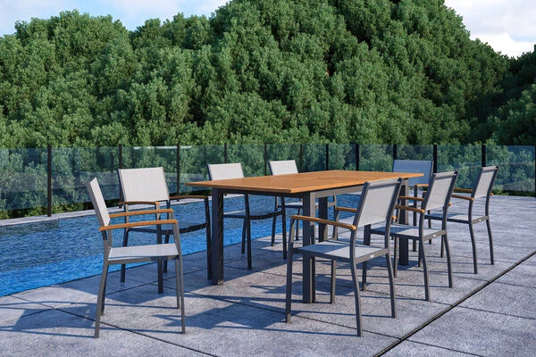 VILLANA Esstischgarnitur, Anthrazit/grau, Alu/ FSC-Akazienholz, Ausziehtisch 150/200 Cm, 8 Stapelstühle 1 VILLANA Esstischgarnitur, Anthrazit/grau, Alu/ FSC-Akazienholz, Ausziehtisch 150/200 Cm, 8 Stapelstühle