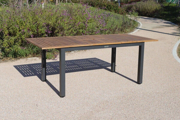 VILLANA Esstischgarnitur, Anthrazit/grau, Alu/ FSC-Akazienholz, Ausziehtisch 150/200 Cm, 8 Stapelstühle 4 VILLANA Esstischgarnitur, Anthrazit/grau, Alu/ FSC-Akazienholz, Ausziehtisch 150/200 Cm, 8 Stapelstühle – Bild 4