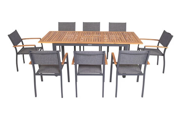 VILLANA Esstischgarnitur, Anthrazit/grau, Alu/ FSC-Akazienholz, Ausziehtisch 150/200 Cm, 8 Stapelstühle 7 VILLANA Esstischgarnitur, Anthrazit/grau, Alu/ FSC-Akazienholz, Ausziehtisch 150/200 Cm, 8 Stapelstühle – Bild 7