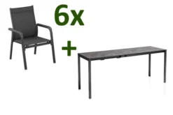 KETTLER Cubic/Basic Plus Esstischgarnitur, Anthrazit, Alu/HPL/Textilene, 140/210x70 Cm, 6 Stapelsessel