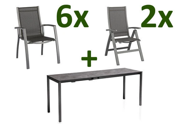 KETTLER Cubic/Altura Esstischgarnitur, Anthrazit, Alu/HPL/Textilene, 140/210x70 Cm, 6 Stapel, 2 Multipos 1 KETTLER Cubic/Altura Esstischgarnitur, Anthrazit, Alu/HPL/Textilene, 140/210x70 Cm, 6 Stapel, 2 Multipos