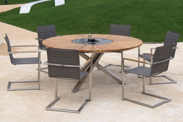 OUTFLEXX Sitzgruppe, Taupe, Edelstahl/FSC-Teak, Ø 170 Cm, 6 Freischwinger, Inkl. Drehbarer Granitplatte + Eiskühler 2 OUTFLEXX Sitzgruppe, Taupe, Edelstahl/FSC-Teak, Ø 170 Cm, 6 Freischwinger, Inkl. Drehbarer Granitplatte + Eiskühler – Bild 2