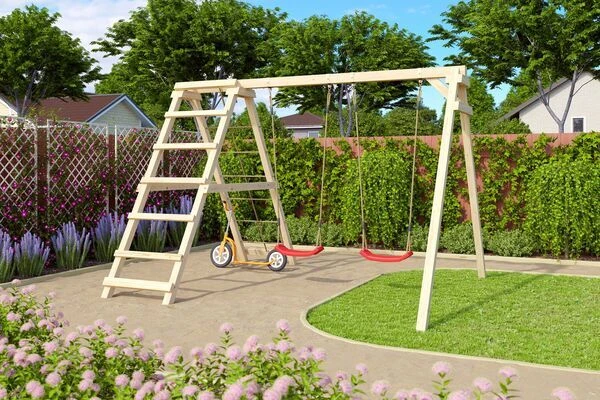 KARIBU Felix Doppelschaukel, Naturbelassen, Nordische Fichte, 308x264x213cm, Mit Klettergerüst Und Netzrampe 1 KARIBU Felix Doppelschaukel, Naturbelassen, Nordische Fichte, 308x264x213cm, Mit Klettergerüst Und Netzrampe