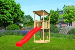 KARIBU Anna Spielturm, Naturbelassen, Nordische Fichte, 107x107x270cm, Mit Rutsche Rot