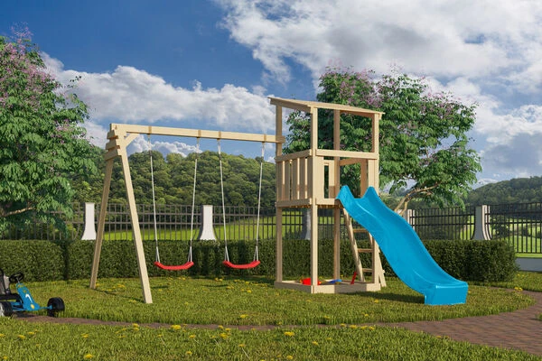 KARIBU Anna Turm, Naturbelassen, Nordische Fichte, 347x264x270cm, Mit Rutsche Blau Und Doppelschaukel 1 KARIBU Anna Turm, Naturbelassen, Nordische Fichte, 347x264x270cm, Mit Rutsche Blau Und Doppelschaukel