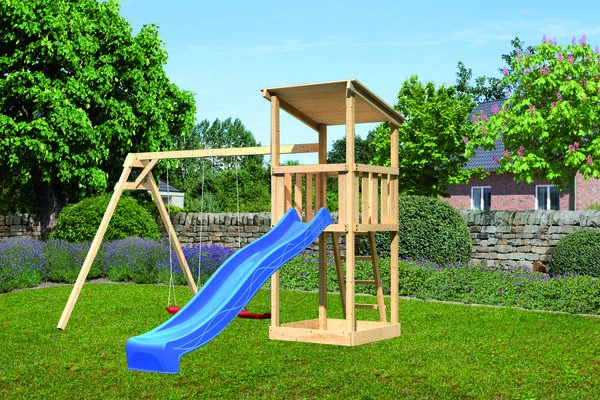 KARIBU Anna Turm, Naturbelassen, Nordische Fichte, 347x264x270cm, Mit Rutsche Blau Und Doppelschaukel 2 KARIBU Anna Turm, Naturbelassen, Nordische Fichte, 347x264x270cm, Mit Rutsche Blau Und Doppelschaukel – Bild 2