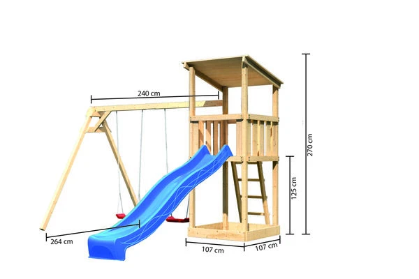 KARIBU Anna Turm, Naturbelassen, Nordische Fichte, 347x264x270cm, Mit Rutsche Blau Und Doppelschaukel 5 KARIBU Anna Turm, Naturbelassen, Nordische Fichte, 347x264x270cm, Mit Rutsche Blau Und Doppelschaukel – Bild 5