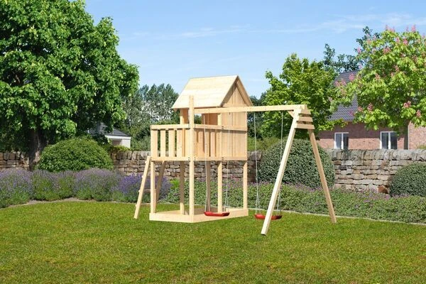 KARIBU Frieda Stelzenhaus, Naturbelassen, Nordische Fichte, 347x264x291cm, Mit Doppelschaukel 1 KARIBU Frieda Stelzenhaus, Naturbelassen, Nordische Fichte, 347x264x291cm, Mit Doppelschaukel