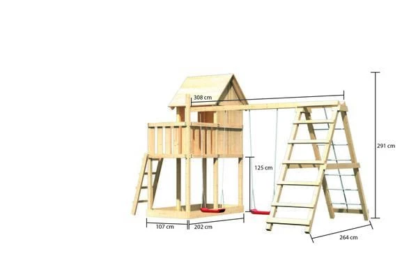 KARIBU Frieda Stelzenhaus, Naturbelassen, Nordische Fichte, 415x264x291cm, Mit Gerüst Und Doppelschaukel 5 KARIBU Frieda Stelzenhaus, Naturbelassen, Nordische Fichte, 415x264x291cm, Mit Gerüst Und Doppelschaukel – Bild 5