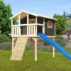 KARIBU Benjamin Stelzenhaus, Terragrau, Nordische Fichte, 198x244x309cm, Mit Rutsche Blau Und Holzrampe