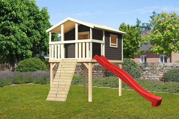 KARIBU Benjamin Stelzenhaus, Terragrau, Nordische Fichte, 198x244x309cm, Mit Rutsche Rot Und Holzrampe 1 KARIBU Benjamin Stelzenhaus, Terragrau, Nordische Fichte, 198x244x309cm, Mit Rutsche Rot Und Holzrampe