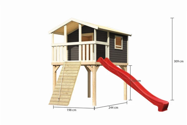 KARIBU Benjamin Stelzenhaus, Terragrau, Nordische Fichte, 198x244x309cm, Mit Rutsche Rot Und Holzrampe 5 KARIBU Benjamin Stelzenhaus, Terragrau, Nordische Fichte, 198x244x309cm, Mit Rutsche Rot Und Holzrampe – Bild 5