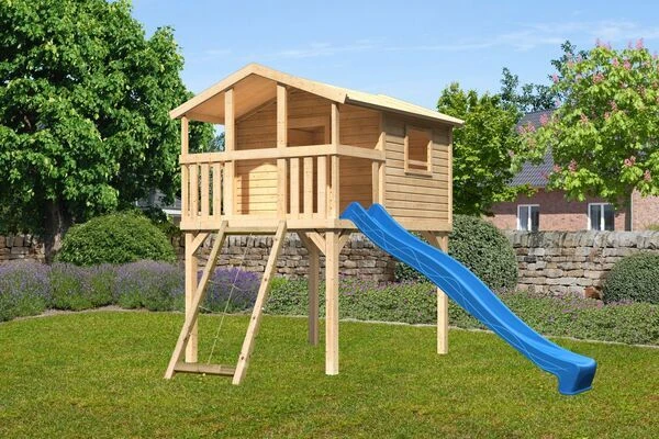 KARIBU Benjamin Stelzenhaus, Naturbelassen, Nordische Fichte, 198x244x309cm, Mit Rutsche Blau Und Netzrampe 1 KARIBU Benjamin Stelzenhaus, Naturbelassen, Nordische Fichte, 198x244x309cm, Mit Rutsche Blau Und Netzrampe