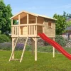 KARIBU Benjamin Stelzenhaus, Naturbelassen, Nordische Fichte, 198x244x309cm, Mit Rutsche Rot Und Netzrampe