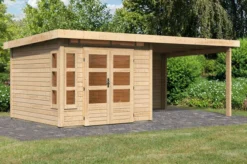 KARIBU Gartenhaus Kastorf6 , Naturbelassen, Fichtenholz 28mm, 612 X 274 X 222 Cm, Flachdach, Anbau 3,2m Mit Rückwand