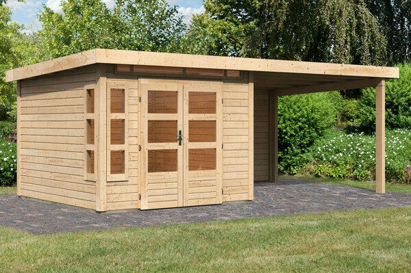 KARIBU Gartenhaus Kastorf6 , Naturbelassen, Fichtenholz 28mm, 612 X 274 X 222 Cm, Flachdach, Anbau 3,2m Mit Rückwand 1 KARIBU Gartenhaus Kastorf6 , Naturbelassen, Fichtenholz 28mm, 612 X 274 X 222 Cm, Flachdach, Anbau 3,2m Mit Rückwand