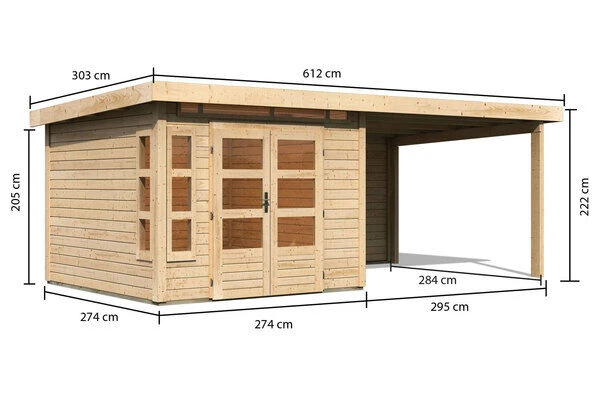 KARIBU Gartenhaus Kastorf6 , Naturbelassen, Fichtenholz 28mm, 612 X 274 X 222 Cm, Flachdach, Anbau 3,2m Mit Rückwand 5 KARIBU Gartenhaus Kastorf6 , Naturbelassen, Fichtenholz 28mm, 612 X 274 X 222 Cm, Flachdach, Anbau 3,2m Mit Rückwand – Bild 5