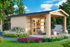 KARIBU Gartenhaus Theres 7, Naturbelassen, Fichtenholz 28mm, 947 X 304 X 250 Cm, Satteldach, 2 Dachausbauelemente