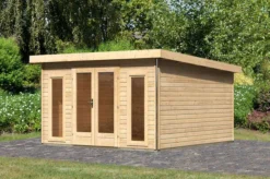 KARIBU Gartenhaus Radeburg 3, Naturbelassen, Fichtenholz 40mm, 406 X 369 X 229,5 Cm, Pultdach, Inkl. 2 Drehkippfenster
