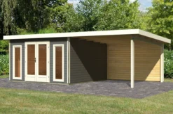 KARIBU Gartenhaus Radeburg 3, Terragrau, Fichtenholz 40mm, 724 X 369 X 229,5 Cm, Pultdach, Anbau 3,3m Mit Rückwand