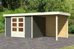 KARIBU Gartenhaus Askola 5, Terragrau, Fichtenholz 19mm, 554 X 246 X 211 Cm, Flachdach, Anbau 2,4m Mit Rückwand