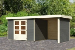 KARIBU Gartenhaus Askola5 , Terragrau, Fichtenholz 19mm, 554 X 246 X 211 Cm, Flachdach, Anbau 2,4m Mit Rück- Und Seitenwand