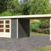 KARIBU Gartenhaus Askola 5, Terragrau, Fichtenholz 19mm, 591,5 X 246 X 211 Cm, Flachdach, Seitlicher Anbau 2,8m