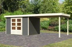 KARIBU Gartenhaus Askola 5, Terragrau, Fichtenholz 19mm, 591,5 X 246 X 211 Cm, Flachdach, Seitlicher Anbau 2,8m