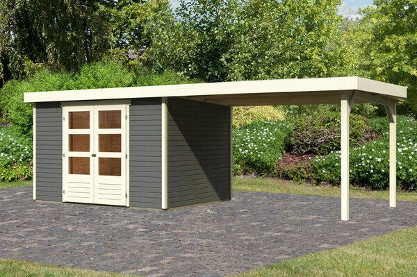 KARIBU Gartenhaus Askola 5, Terragrau, Fichtenholz 19mm, 591,5 X 246 X 211 Cm, Flachdach, Seitlicher Anbau 2,8m 1 KARIBU Gartenhaus Askola 5, Terragrau, Fichtenholz 19mm, 591,5 X 246 X 211 Cm, Flachdach, Seitlicher Anbau 2,8m