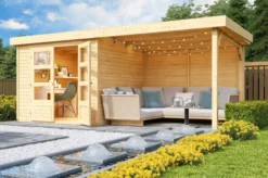 KARIBU Gartenhaus Askola 3,5, Naturbelassen, Fichtenholz 19mm, 528,5 X 246 X 211 Cm, Flachdach, Seitlicher Anbau 2,8m Mit Rückwand