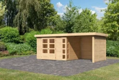 KARIBU Gartenhaus Kerko5 , Naturbelassen, Fichtenholz 19mm, 554 X 246 X 210 Cm, Flachdach, Anbau 2,4m Mit Rück- Und Seitenwand