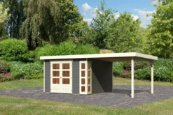 KARIBU Gartenhaus Kerko 6, Terragrau, Fichtenholz 19mm, 334 X 306 X 216 Cm, Flachdach, Anbau 2,8m