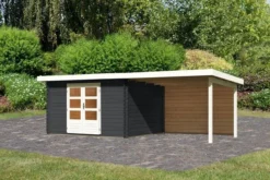 KARIBU Gartenhaus Bastrup 7 , Anthrazit, Fichtenholz 28mm, 674 X 297 X 222 Cm, Pultdach, Anbau 3m Mit Rückwand