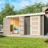 KARIBU Mittelwandhaus Mühlentrup 2, Terragrau, Fichtenholz 19mm, 428 X 272 X 212 Cm, Flachdach