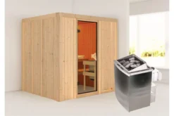 KARIBU Sodin Sauna , Naturbelassen, Fichte, 196x170x198 Cm, Fronteinstieg, BronzierteTür, Ofen 4,5 KW Integr. Str.