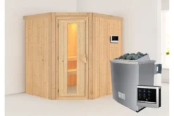 KARIBU Siirin Sauna , Naturbelassen, Fichte, 196x170x198 Cm, Eckeinstieg, Energiespartür, Ofen 4,5 KW Ext. Strg. Easy