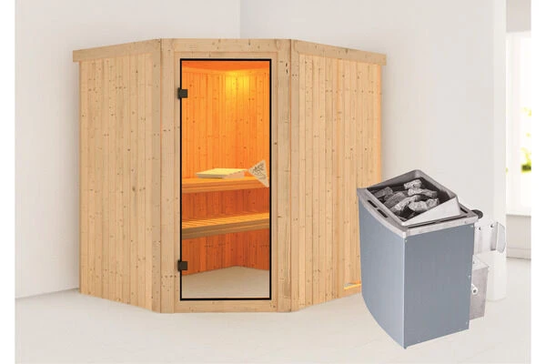 KARIBU Siirin Sauna , Naturbelassen, Fichte, 196x170x198 Cm, Eckeinstieg, Bronzierte Tür, MitOfen 4,5 KW Integr. Str. 1 KARIBU Siirin Sauna , Naturbelassen, Fichte, 196x170x198 Cm, Eckeinstieg, Bronzierte Tür, MitOfen 4,5 KW Integr. Str.