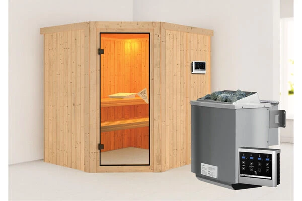 KARIBU Siirin Sauna , Naturbelassen, Fichte, 196x170x198 Cm, Eckeinstieg, Bronzierte Tür, MitOfen 4,5 KW Bio Ext. Strg. 1 KARIBU Siirin Sauna , Naturbelassen, Fichte, 196x170x198 Cm, Eckeinstieg, Bronzierte Tür, MitOfen 4,5 KW Bio Ext. Strg.