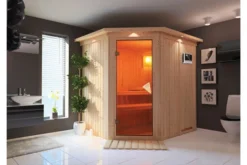 KARIBU Siirin Sauna , Naturbelassen, Fichte, 210x184x202 Cm, Eckeinstieg, Bronzierte Tür U. Kranz, Ofen 4,5 KW Ext. Strg. Easy