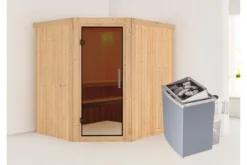 KARIBU Siirin Sauna , Naturbelassen, Fichte, 196x170x198 Cm, Eckeinstieg, Graphitfarbene Tür, Ofen 4,5 KW Integr. Str.