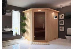 KARIBU Siirin Sauna , Naturbelassen, Fichte, 210x184x202 Cm, Eckeinstieg, Graphitfarbene Tür U.Kranz, Ofen 4,5 KW Ext. Strg. Easy