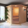 KARIBU Siirin Sauna , Naturbelassen, Fichte, 210x184x202 Cm, Eckeinstieg, Klarglastür U. Kranz, Ofen 4,5 KW Ext. Strg. Easy