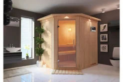 KARIBU Siirin Sauna , Naturbelassen, Fichte, 210x184x202 Cm, Eckeinstieg, Klarglastür U. Kranz, Ofen 4,5 KW Ext. Strg. Easy