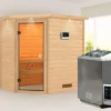 KARIBU Svea Sauna , Naturbelassen, Fichte, 224x160x202 Cm, BronzierteTür U. Kranz, Ofen 4,5 KW Bio Ext. Strg.