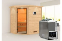KARIBU Svea Sauna , Naturbelassen, Fichte, 224x160x202 Cm, BronzierteTür U. Kranz, Ofen 4,5 KW Bio Ext. Strg.