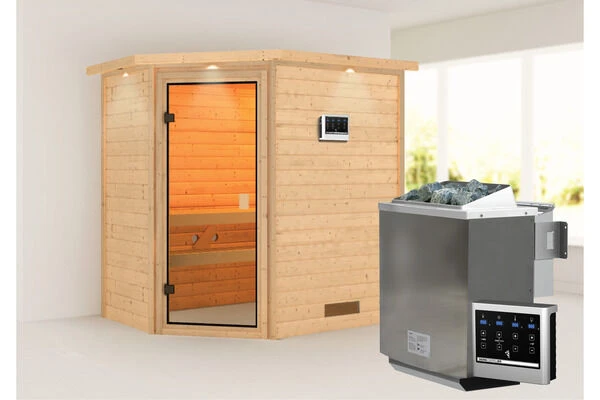 KARIBU Svea Sauna , Naturbelassen, Fichte, 224x160x202 Cm, BronzierteTür U. Kranz, Ofen 4,5 KW Bio Ext. Strg. 1 KARIBU Svea Sauna , Naturbelassen, Fichte, 224x160x202 Cm, BronzierteTür U. Kranz, Ofen 4,5 KW Bio Ext. Strg.