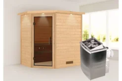 KARIBU Svea Sauna , Naturbelassen, Fichte, 224x160x202 Cm, Graphitfarbene Tür U.Kranz, Ofen 4,5 KW Integr. Strg.